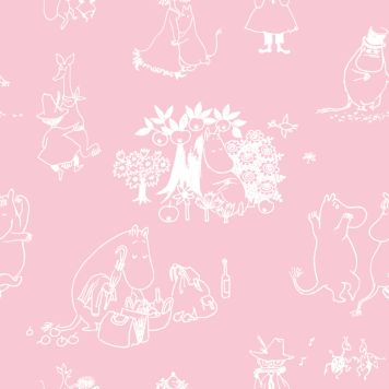 Kuitutapetti Muumihahmot vaaleanpunainen