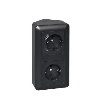 Pistorasia Opal 2S 16A IP20 PPR + 2 x USB A+C Musta 155 x 84 mm