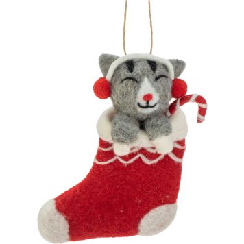 Joulukoriste kissa sukassa 13 cm punaharmaa