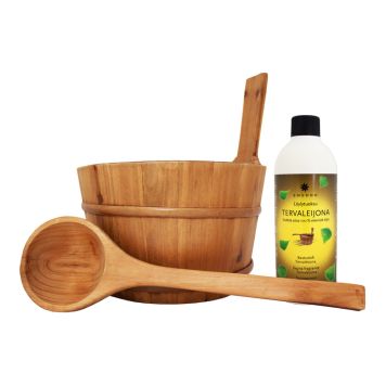 Puukiulu ja -kauha Emendo + Löylytuoksu Tervaleijona 500 ml