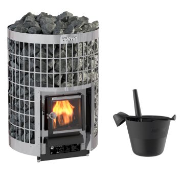 Puukiuas Harvia Cilindro 20 Steel ja Saunasetti Harvia Click musta 7 l